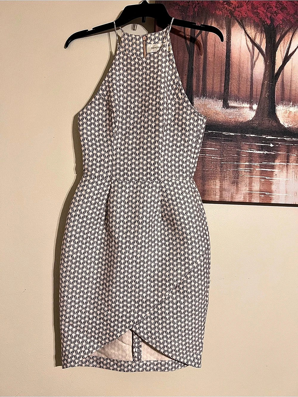 Zimmerman Geometric Halter Dress in cream & grey
